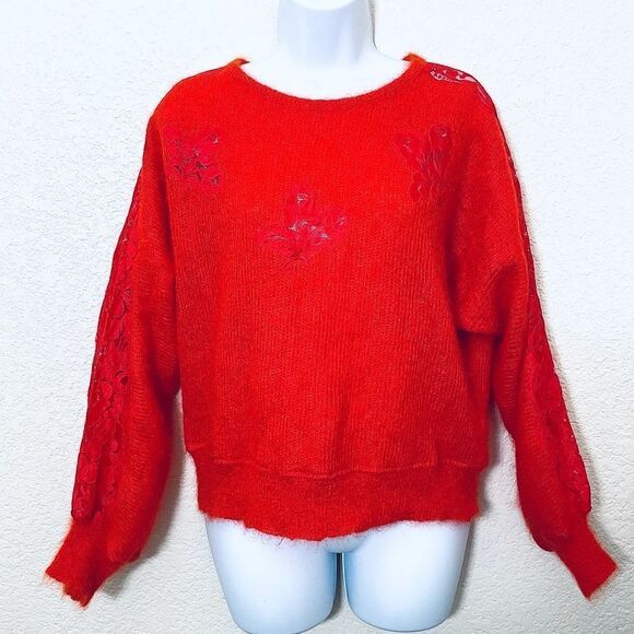 Vintage Red Italian Mohair and Wool Fuzzy Pullover Sweater With Lace Sleeves - Picture 15 of 15
